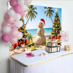 Lofaris Tropischer Weihnachtshintergrund mit Sandmann und Palmen, sommerliche Kulisse für festliche Strandpartys und Urlaubsfotos
