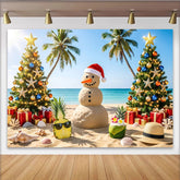 Lofaris Tropischer Weihnachtshintergrund mit Sandmann und Palmen, sommerliche Kulisse für festliche Strandpartys und Urlaubsfotos