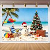 Lofaris Festlicher Strandweihnachts-Hintergrund mit Schneemann und Palmen, sommerliche Fotokulisse für Urlaubsdekoration