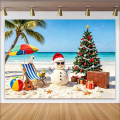 Lofaris Festlicher Strandweihnachts-Hintergrund mit Schneemann und Palmen, sommerliche Fotokulisse für Urlaubsdekoration