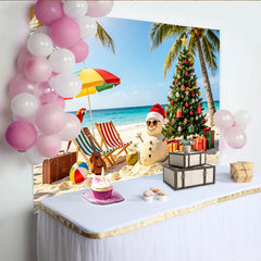 Lofaris Tropischer Weihnachtsstrand Hintergrund mit Palmen und Schneemann, festliche Fotowand für Sommerparty und Urlaubsfotos