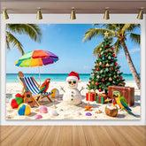 Lofaris Tropischer Weihnachtshintergrund mit Sandmann, Palmen und Baum, festliche Strandkulisse für Fotoshootings und Weihnachtsfeiern