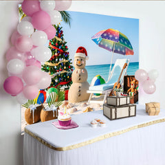 Lofaris Tropischer Weihnachtsstrand-Hintergrund mit Palme und Schneemann, bunte Fotowand für festliche Sommerparty und Urlaubsfotoshooting