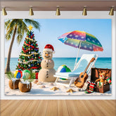 Lofaris Tropischer Weihnachtsstrand-Hintergrund mit Palme und Schneemann, bunte Fotowand für festliche Sommerparty und Urlaubsfotoshooting