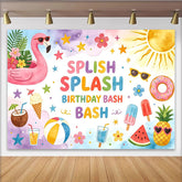 Lofaris Bunter Splish Splash Flamingo Sommer-Geburtstagshintergrund für Kinder, fröhliche Poolparty-Kulisse zur Fotodekoration