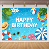 Lofaris Blauer Sommer Pool Geburtstagshintergrund mit Happy Birthday Schriftzug, lebendige Sommerparty Fotowand für Kinder und Erwachsene