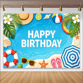 Lofaris Blauer Sommerstrand Geburtstagshintergrund mit Happy Birthday Palmen, bunte Strandparty Fotowand für Eventdekoration