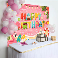 Lofaris Pinker Sommerstrand Geburtstagshintergrund mit Happy Birthday Schriftzug, bunte Fotowand für sommerliche Partys und Fotoshootings