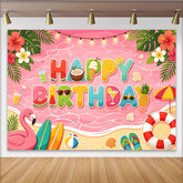 Lofaris Pinker Sommerstrand Geburtstagshintergrund mit Happy Birthday Schriftzug, bunte Fotowand für sommerliche Partys und Fotoshootings