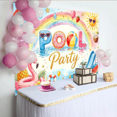 Lofaris Bunter Poolparty Hintergrund mit Regenbogen und Flamingo, fröhliche Sommerdekoration für Fotoshooting und Kinderpartys