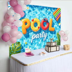 Lofaris Blauer Poolparty Hintergrund mit Schwimmreifen und Palmen, fröhliche Sommer Kulisse für Fotoshootings und Partydekoration
