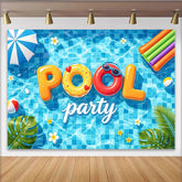 Lofaris Blauer Poolparty Hintergrund mit Schwimmreifen und Palmen, fröhliche Sommer Kulisse für Fotoshootings und Partydekoration