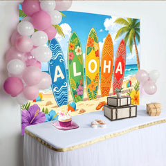 Lofaris Bunter Hawaii Strand Hintergrund mit Surfbrettern und Palmen, tropische Fotokulisse für Sommerparty und Urlaubsfotos