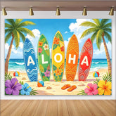 Lofaris Bunter Hawaii Strand Hintergrund mit Surfbrettern und Palmen, tropische Fotokulisse für Sommerparty und Urlaubsfotos