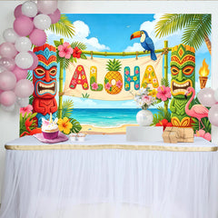 Lofaris Lebhafter Hawaii-Party-Hintergrund mit ALOHA Schriftzug und Tiki Figuren, tropische Strand Kulisse für Sommerfeier und Fotoshooting