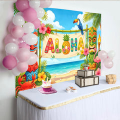 Lofaris Lebhafter Hawaii-Party-Hintergrund mit ALOHA Schriftzug und Tiki Figuren, tropische Strand Kulisse für Sommerfeier und Fotoshooting