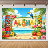 Lofaris Lebhafter Hawaii-Party-Hintergrund mit ALOHA Schriftzug und Tiki Figuren, tropische Strand Kulisse für Sommerfeier und Fotoshooting