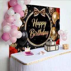 Lofaris Schwarz-Gold Leopardendruck Geburtstagshintergrund mit Happy Birthday, glitzernden Ballons und roten Rosen, stilvolle Party Kulisse