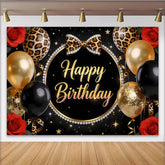 Lofaris Schwarz-Gold Leopardendruck Geburtstagshintergrund mit Happy Birthday, glitzernden Ballons und roten Rosen, stilvolle Party Kulisse