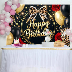 Lofaris Leopardendruck Schwarz-Gold Geburtstagshintergrund mit roten Rosen und Ballons, funkelnde Partykulisse für Fotoshooting