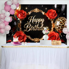 Lofaris Schwarz-goldener Geburtstagshintergrund mit roten Rosen Happy Birthday Schriftzug, glänzende Kulisse für festliche Anlässe
