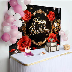 Lofaris Schwarz-goldener Geburtstagshintergrund mit roten Rosen Happy Birthday Schriftzug, glänzende Kulisse für festliche Anlässe