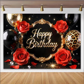 Lofaris Schwarz-goldener Geburtstagshintergrund mit roten Rosen Happy Birthday Schriftzug, glänzende Kulisse für festliche Anlässe