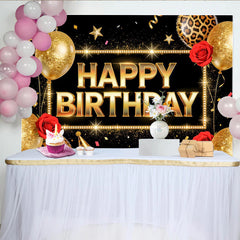 Lofaris Eleganter Schwarz-Gold Geburtstagshintergrund mit Glitzer und Luftballons, luxuriöse Fotowand für festliche Anlässe und Fotoshootings