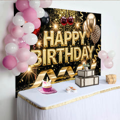 Lofaris Schwarz Gold Glitzer Geburtstagshintergrund mit Happy Birthday Schriftzug, festliche Fotokulisse für Party und Fotoshooting