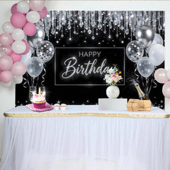 Lofaris Schwarz-Silberner Happy Birthday Hintergrund mit Ballons und Glitzer, elegante Fotowand für festliche Anlässe und Partys