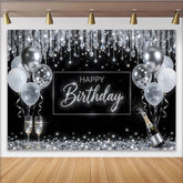 Lofaris Schwarz-Silberner Happy Birthday Hintergrund mit Ballons und Glitzer, elegante Fotowand für festliche Anlässe und Partys