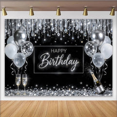 Lofaris Schwarz-Silberner Happy Birthday Hintergrund mit Ballons und Glitzer, elegante Fotowand für festliche Anlässe und Partys