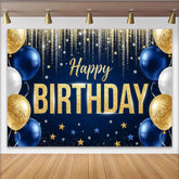 Lofaris Eleganter blau goldener Happy Birthday Hintergrund mit Glitzer und Ballons, festliche Kulisse für Fotoshooting und Partydekoration