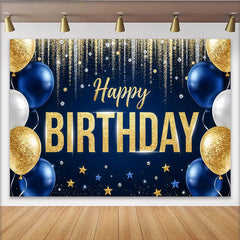 Lofaris Eleganter blau goldener Happy Birthday Hintergrund mit Glitzer und Ballons, festliche Kulisse für Fotoshooting und Partydekoration