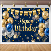 Lofaris Blau Gold Geburtstagshintergrund mit Happy Birthday Schriftzug, glänzende Ballons und Sterne, festliche Fotowand für Partydekoration