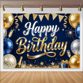 Lofaris Eleganter Blau Gold Geburtstagshintergrund mit Luftballons und Happy Birthday Schriftzug, festliche Fotowand für Dekoration