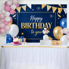 Lofaris Blau-goldener Geburtstagshintergrund mit Happy Birthday Schriftzug, elegante Party Kulisse für Fotoshootings
