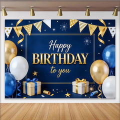 Lofaris Blau-goldener Geburtstagshintergrund mit Happy Birthday Schriftzug, elegante Party Kulisse für Fotoshootings