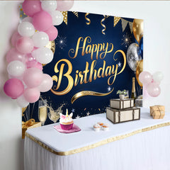 Lofaris Eleganter Happy Birthday Hintergrund in Dunkelblau Gold mit Luftballons und Sternen, Fotowand für stilvolle Partydekoration