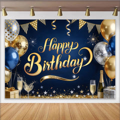 Lofaris Eleganter Happy Birthday Hintergrund in Dunkelblau Gold mit Luftballons und Sternen, Fotowand für stilvolle Partydekoration