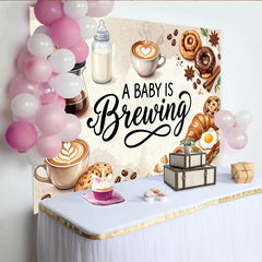 Lofaris Kaffee Frühstück Babyparty Hintergrund mit Babyflasche und Gebäck, stilvolle Fotowand für Baby Shower Feier