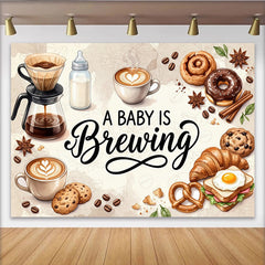 Lofaris Kaffee Frühstück Babyparty Hintergrund mit Babyflasche und Gebäck, stilvolle Fotowand für Baby Shower Feier