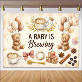 Lofaris Warmer Kaffee-Babyparty-Hintergrund mit süßen Teddybären und Latte Art, braune Luftballons Babyblöcke Fotowand für Dekoration