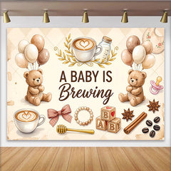 Lofaris Warmer Kaffee-Babyparty-Hintergrund mit süßen Teddybären und Latte Art, braune Luftballons Babyblöcke Fotowand für Dekoration