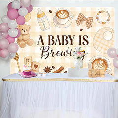Lofaris Brauner Kaffee Babyparty Hintergrund mit Teddybär Luftballons, charmante karierte Kulisse für Babyankündigung und Fotoshooting