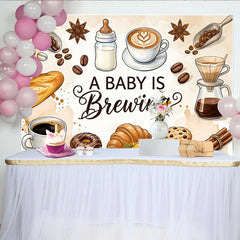 Lofaris Gemütlicher Kaffee Babyparty Hintergrund mit Babyflasche und Frühstücksmotiven, süße Fotowand für Babyankündigung und Feierlichkeiten