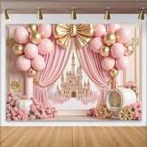 Lofaris Rosa-goldener Prinzessinnen-Geburtstagshintergrund mit Schloss, Kutsche und Ballons, elegante Partydekoration für Mädchen Fotoshooting