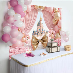 Lofaris Rosa goldener Prinzessinnen-Geburtstagshintergrund, märchenhafte Schloss Kulisse mit Luftballons und Rosen für Mädchenparty