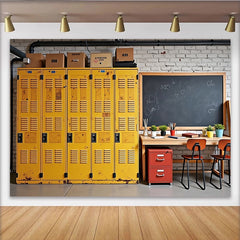 Lofaris Gelber Schulhintergrund mit Spinden und Tafel für Klassenzimmer-Fotografie, Vintage Ziegelwand Kulisse für professionelles Fotoshooting