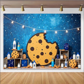 Lofaris Blauer Sternenhimmel Keks-und-Milch-Fotohintergrund mit Lichterkette, süße Partydekoration für Kinderfotoshooting
